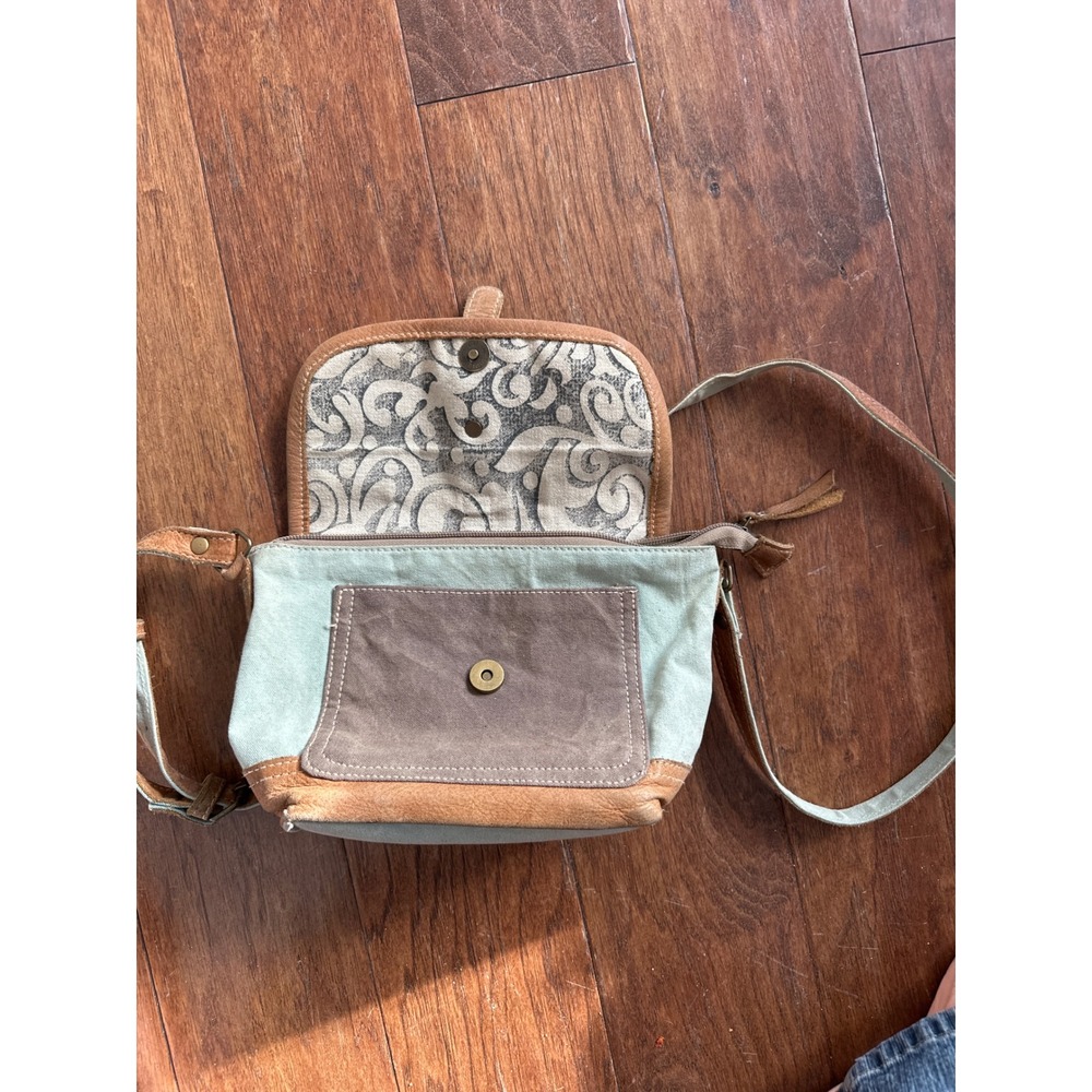Myra Bag Canvas Leather Embossed Flap Crossbody Messenger Bag Tan Brown - Picture 4 of 7